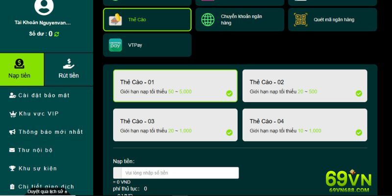 Cách nạp tiền 69VN bằng thẻ cào đơn giản nhất